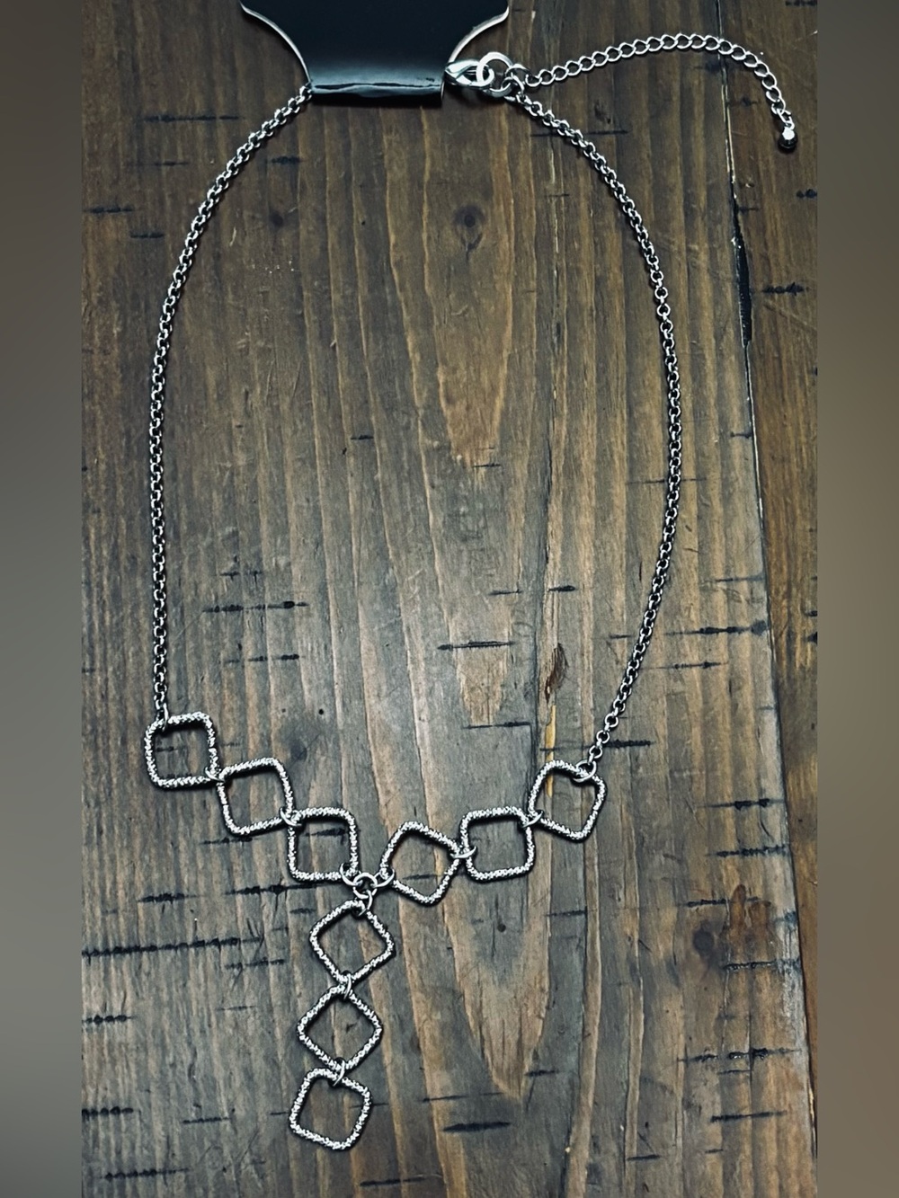 Chic Silver Tone Geometric Linked Square Drop Down Necklace NWT